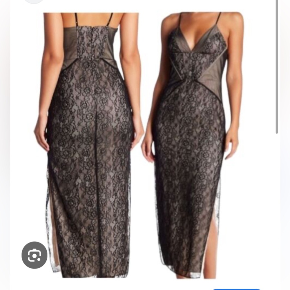 Lace Overlay Slip Dress with Sheer Panels - Black